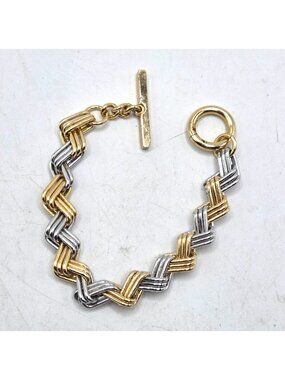 Gold & Silver Tone Woven Chain Bracelet With Toggle Clasp- Unisex  9"